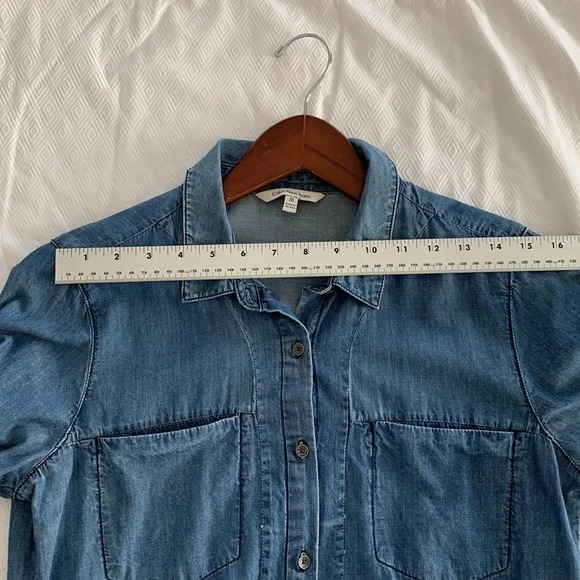 Calvin Klein Chambray Shirt Dress 100% Cotton Button Up Blue Quarter Sleeve Med - Picture 14 of 14